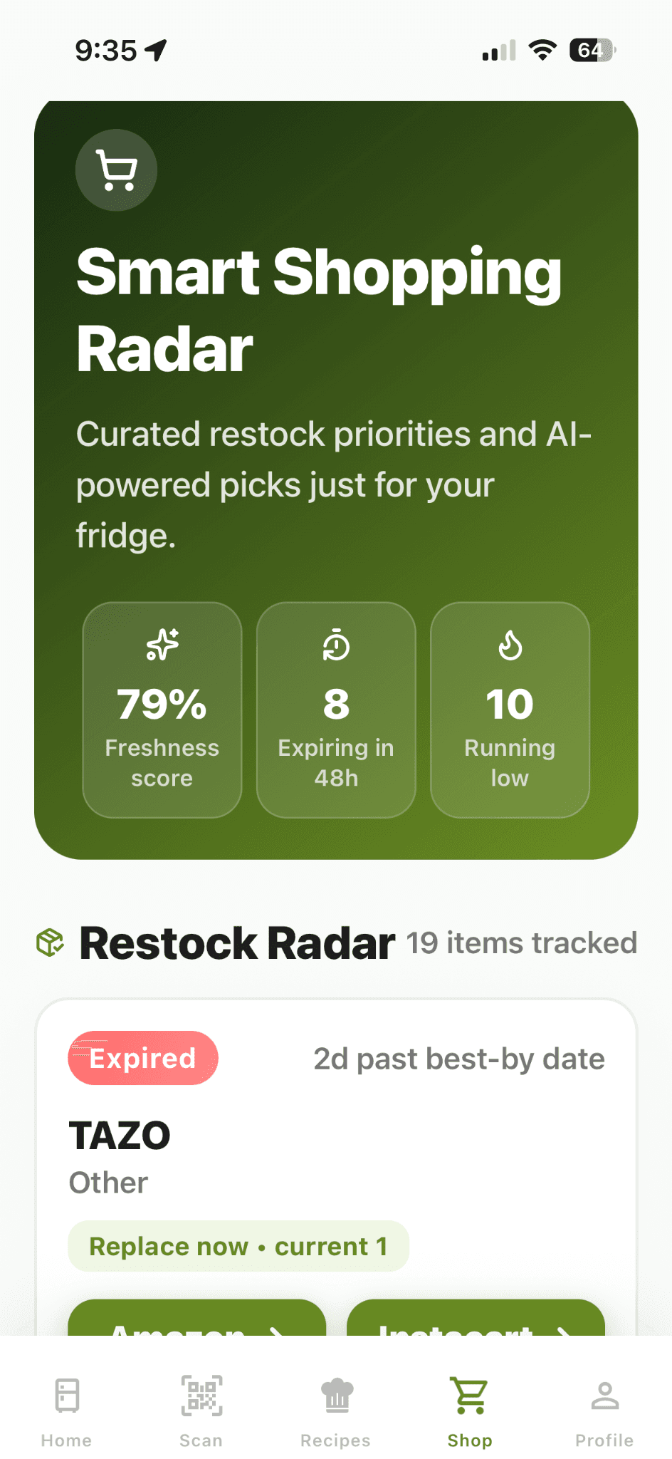 FridgeSmart shopping screen
